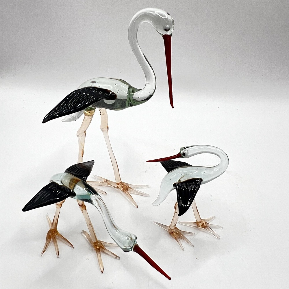 Murano Style Hand-blown Art Glass Set Of 3 Cranes/Herons 4" & 2"